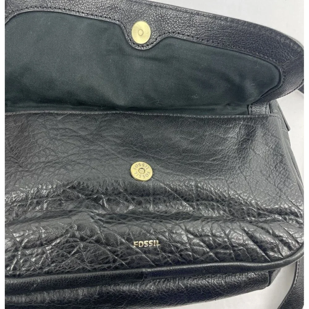 Fossil‎ Peyton Crossbody Bag Black Leather Double Flap Adjustable Strap Handbag